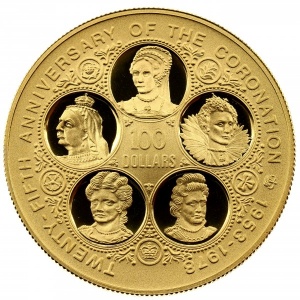Реверс монеты Каймановы острова, 100 долларов, 1978, 25 лет коронации Елизаветы II