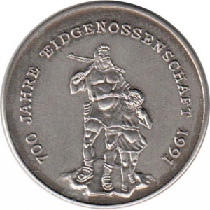 Реверс монеты Камбоджа, 4 риеля, 1988, 700 лет Швейцарскому союзу /медно-никелевая/