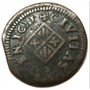 Реверс монеты Каталония, 1 динеро, 1611, Город Вик