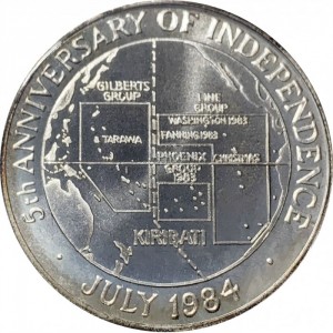 Реверс монеты Кирибати, 10 долларов, 1984, 5 лет Независимости