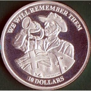 Реверс монеты Кирибати, 10 долларов, 2012, День АНЗАК - Солдат с горном