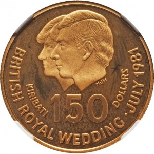 Реверс монеты Кирибати, 150 долларов, 1981, Свадьба Принца Чарльза и Леди Дианы