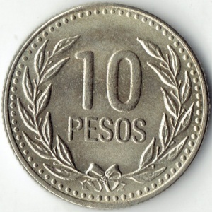 Реверс монеты Колумбия, 10 песо, 1989-1994