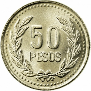 Реверс монеты Колумбия, 50 песо, 1989-2009