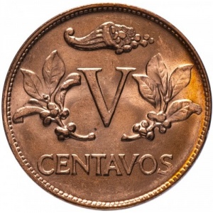 Реверс монеты Колумбия, 5 сентаво, 1967-1978
