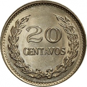 Реверс монеты Колумбия, 20 сентаво, 1969-1970