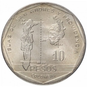 Реверс монеты Колумбия, 10 песо, 1981-1989