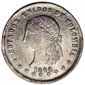 Аверс монеты Колумбия, 5 десимо, 1868-1880