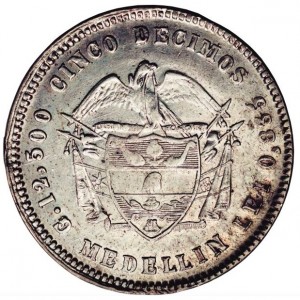 Реверс монеты Колумбия, 5 десимо, 1868-1880