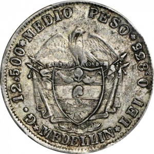 Реверс монеты Колумбия, ½ песо, 1868
