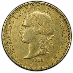 Аверс монеты Колумбия, 5 песо, 1885