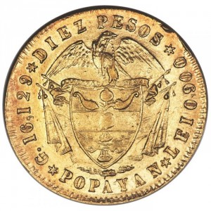 Реверс монеты Колумбия, 10 песо, 1857-1858
