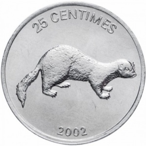 Реверс монеты Конго - ДРК, 25 сантимов, 2002, Животные - Ласка