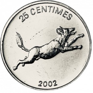 Реверс монеты Конго - ДРК, 25 сантимов, 2002, Животные - Гиеновидная собака