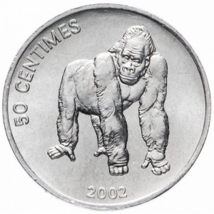 Реверс монеты Конго - ДРК, 50 сантимов, 2002, Животные - Горилла