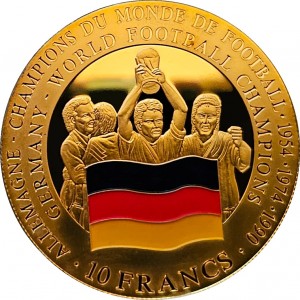 Реверс монеты Конго - ДРК, 10 франков, 2001, Германия - Чемпион мира по футболу 1954,1974,1990