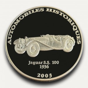 Реверс монеты Конго - ДРК, 10 франков, 2003, Jaguar S.S. 100 1936
