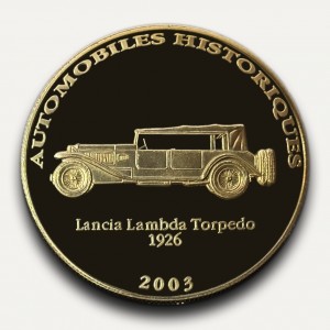 Реверс монеты Конго - ДРК, 10 франков, 2003, Lancia Lambda Torpedo 1926