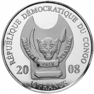 Аверс монеты Конго - ДРК, 10 франков, 2008, 100-летие авиации. Альберто Сантос-Дюмон