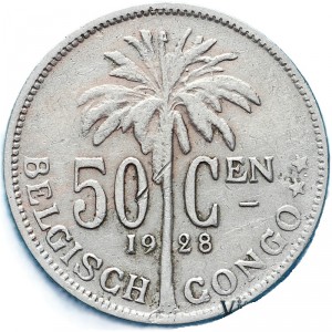Реверс монеты Конго - ДРК, 50 сантимов, 1921-1929, Надпись на голландском - 'ALBERT KONING DER BELGEN'