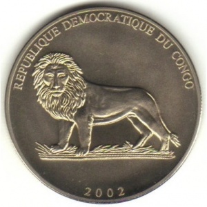 Аверс монеты Конго - ДРК, 5 франков, 2002, Чемпионат мира по футболу 2002 /флаги Японии и Южной Кореи/