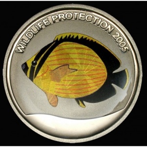 Реверс монеты Конго - ДРК, 5 франков, 2005, Охрана природы - Рыба-бабочка