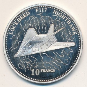 Реверс монеты Конго - ДРК, 10 франков, 2003, История авиации - Lockheed F-117 Nighthawk