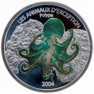 Реверс монеты Конго - ДРК, 10 франков, 2004, Животные-исключения - Осьминог