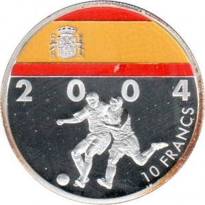 Реверс монеты Конго - ДРК, 10 франков, 2004, Футбол - Испания