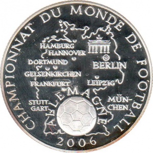 Реверс монеты Конго - ДРК, 10 франков, 2006, Чемпионат мира по футболу 2006 г. /Карта Германии/