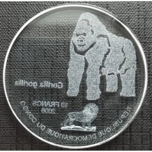 Реверс монеты Конго - ДРК, 10 франков, 2006, Горилла