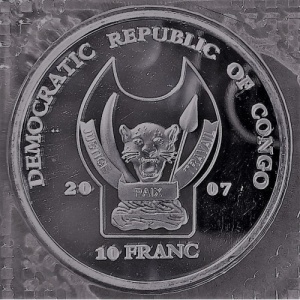 Аверс монеты Конго - ДРК, 10 франков, 2007, Вымирающие виды - Лев