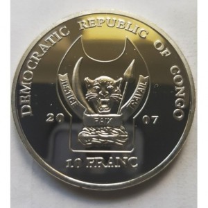 Аверс монеты Конго - ДРК, 10 франков, 2007, Вымирающие виды - Носорог
