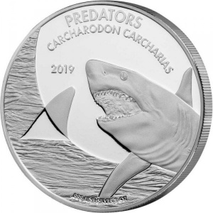 Реверс монеты Конго - ДРК, 20 франков, 2019, Хищники - Белая акула /Carcharodon carcharias/