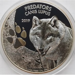 Реверс монеты Конго - ДРК, 20 франков, 2019, Хищники - Серый волк /Canis lupus/