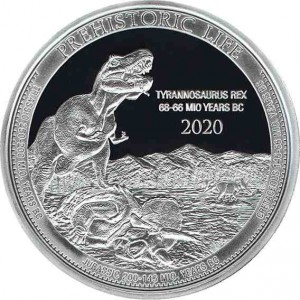 Реверс монеты Конго - ДРК, 20 франков, 2020, Доисторическая жизнь - Тираннозавр Рекс