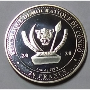 Аверс монеты Конго - ДРК, 20 франков, 2020, Дикая природа мира - Кит