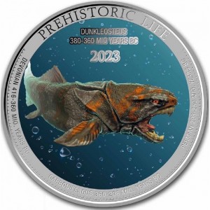 Реверс монеты Конго - ДРК, 20 франков, 2023, Доисторическая жизнь - Дунклеостей, Цветное покрытие