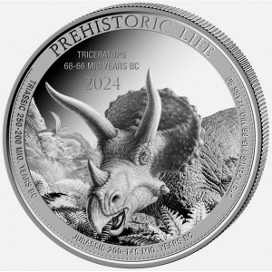 Реверс монеты Конго - ДРК, 20 франков, 2024, Доисторическая жизнь - Трицератопс
