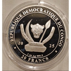 Аверс монеты Конго - ДРК, 20 франков, 2025, Мир дикой природы - Лев