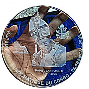 Реверс монеты Конго - ДРК, 25 франков, 2005, В память об Иоанне Павле II