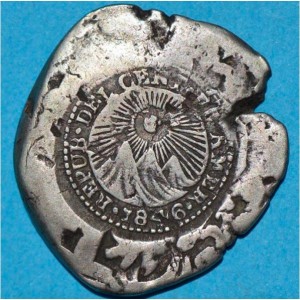 Аверс монеты Коста-Рика, 2 реала, 1846, Надчекан на кобе Боливии 2 реала (1700-46)