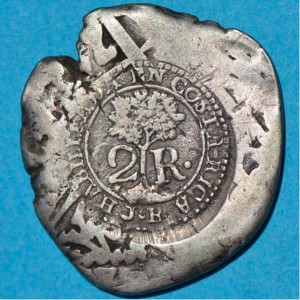 Реверс монеты Коста-Рика, 2 реала, 1846, Надчекан на кобе Боливии 2 реала (1700-46)