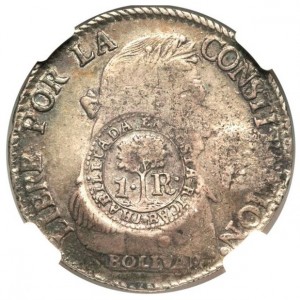 Аверс монеты Коста-Рика, 4 реала, 1846, Надчекан на 4 солях Боливии (1830)
