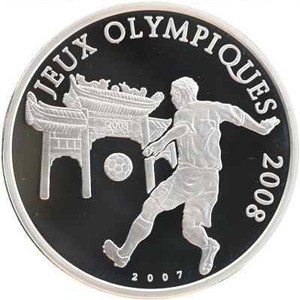 Реверс монеты Кот-д'Ивуар, 1000 франков, 2007, XXIX летние Олимпийские Игры, Пекин 2008 - Футбол