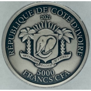 Аверс монеты Кот-д'Ивуар, 5000 франков, 2021, Сова /5oz вверху/