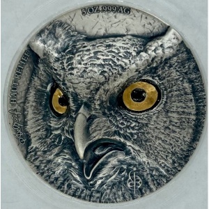 Реверс монеты Кот-д'Ивуар, 5000 франков, 2021, Сова /5oz вверху/