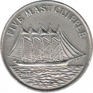 Реверс монеты Лаос, 10 кипов, 1988, Five Mast Clipper /Ø24.1мм, Медно-никелевый сплав/