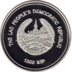 Аверс монеты Лаос, 1000 кипов, 2001, XIX зимние Олимпийские Игры, Солт-Лейк-Сити 2002