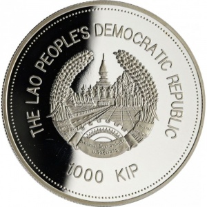 Аверс монеты Лаос, 1000 кипов, 2001, Вымирающие виды - Красношапочный дук